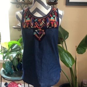 Embroidered denim sleeveless top